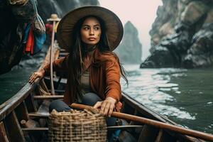 Frau Reise auf das Boot im Asien ,generativ ai foto