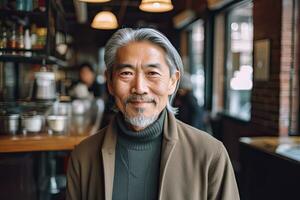 Asien Mann im 60er, Mittel grau Haar, Cafe Hintergrund ,generativ ai foto