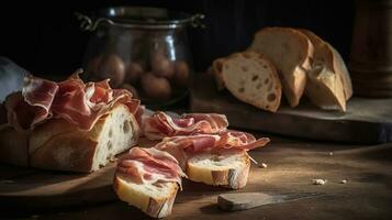 Sommer- Picknick Wonne. rustikal Brot und Jamon Serrano auf hölzern Tisch. generativ ai foto