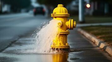 Hydrant Gelb Wasserung. Nahansicht von Straße Überschwemmung. generativ ai foto