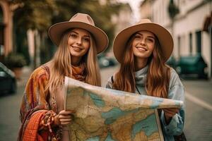 Freunde, Reise und Tourismus Konzept. schön Mädchen suchen zum Richtung im das Stadt ,generativ ai foto