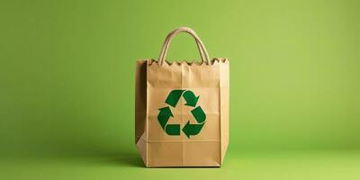 Papier Tasche mit Recycling Symbol auf Grün Hintergrund mit Kopieren Raum ,generativ ai foto