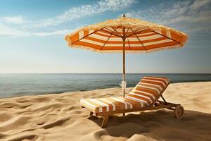 das Strand Chaise Salon und Regenschirm auf Sand .generativ ai foto