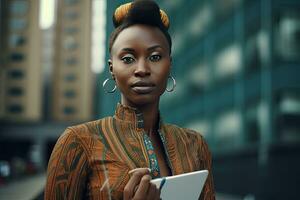 afrikanisch jung Unternehmen Frau mit Notizbuch ,groß Gebäude Hintergrund ,generativ ai . foto