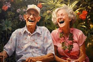 glücklich Senior Paar müde Liebling Kunst Gemälde und Zeichnung ,bewertet beim Garten Blume mit generativ ai. foto