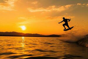 Silhouette von ein Mann auf ein Wakeboard nehmen aus über. generativ ai. foto