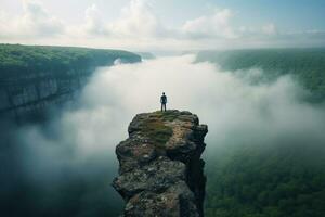 Mann Stehen auf oben von Cliff beim oben Aussicht ,generativ ai foto