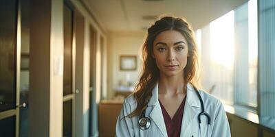 lächelnd weiblich Süd amerikanisch Arzt Stehen im Krankenhaus, Kopieren Raum Werbung Nachricht ,generativ ai. foto