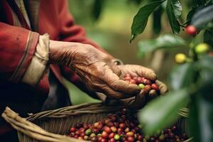 schließen oben Hand alt Mann pflücken Kaffee von ein Kaffee Plantage im Süd Amerika ,generativ ai foto