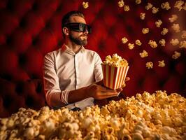 ein Mann mit vr Brille und Popcorn Uhren Film, generativ ai. foto