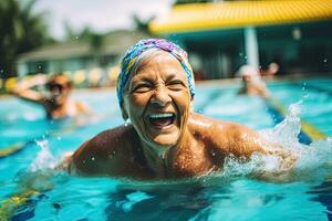 aktiv Senior Frau tun Wasser beim ein draussen Schwimmen Schwimmbad, foto