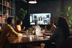Businessteam mit Laptop haben Video Konferenz mit Kollegen beim Cafe ,generativ ai. foto