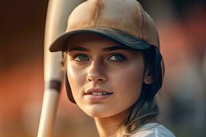 schließen oben Baseball jung Frau im Aktion auf das Stadion, generativ ai. foto