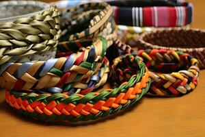 Upcycling in kreativ Zubehör, eine solche wie flechten Armbänder oder Kopf Wraps ,generativ ai foto