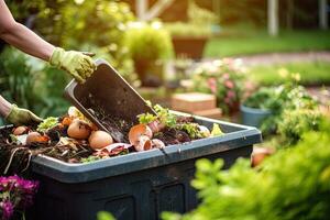 schließt oben Hand Kompostierung Essen Abfall im Hinterhof Kompost Behälter Garten, generativ ai foto