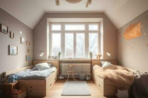 Einfachheit und Stil. Kinder- Schlafzimmer Oase mit Dual Betten und warm Holz Töne. generativ ai foto