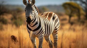 Wiese Harmonie. Berg und Ebenen Zebras wandernd frei. generativ ai foto