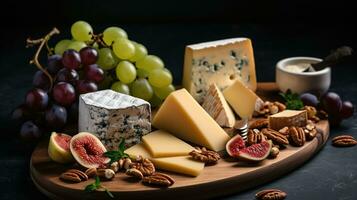 Käse Teller mit anders Kunst von Käse, Traube und Nüsse serviert auf schwarz Marmor Tafel auf hölzern Tisch. generativ ai foto