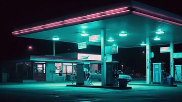 das surreal und gruselig Welt von ein neonverziert 70er Jahre Gas Bahnhof. generativ ai foto