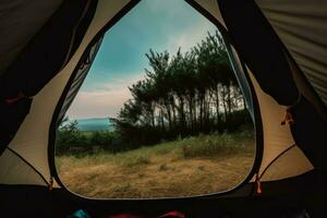 Camping Zelt Wald Sicht. generieren ai foto