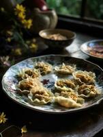 Shui lan gebraten Wonton zum Chinesisch Kung pao, im das Stil von Blume und Natur Motive ai generiert foto