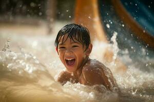 Wasserpark Junge Urlaub. generieren ai foto