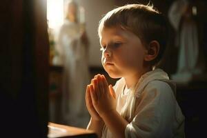 Junge beten Kirche. generieren ai foto