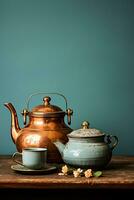 ein Stillleben fotografieren mit ein rustikal Teekanne zart Tee Tassen und Jahrgang Utensilien auf ein heiter Gradient Hintergrund foto
