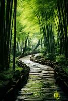 ein heiter Bambus Wald mit Sonnenlicht Filtern durch das Blätter perfekt zum Ihre friedlich Meditation Texte foto