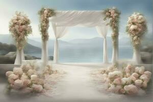 Hochzeit Altar auf das Strand gegen ein Hintergrund von schön Meer und Blau Himmel. Ziel Hochzeit und Feier im ein tropisch Land Konzept, generativ ai foto