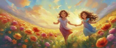 Porträt von lächelnd Mädchen spielen, Springen und Laufen auf Gras Heu Feld Wege von trocken Gras im das Sonnenuntergang. Anime Stil, generativ ai foto