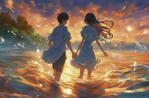 zurück Aussicht von ein Paar halten Hände und Gehen Nieder das Strand. Hand gezeichnet Stil Karikatur Anime Design Illustrationen, generativ ai foto