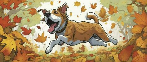 Hund mit gemütlich Schal Laufen durch Haufen von bunt Herbst Blätter, Karikatur Stil, generativ ai foto