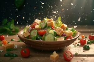 griechisch Salat fliegend Zutaten kreativ dramatisch Licht generativ ai foto