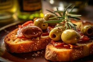 Oliven Toast, Makro Schuss von ein frisch Frühstück, ai generiert foto