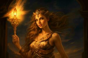 griechisch Göttin mit Fackel beim dunkel Nacht. generieren ai foto
