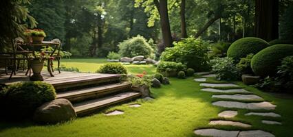 ein klein Garten Szene mit Rasen, Bäume, und Schritte foto