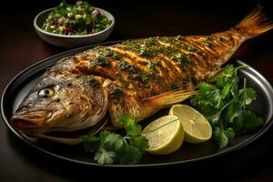 ganze Fisch mit ein gegrillt Haut arabisch Essen generativ ai foto