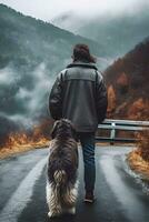 Rückseite Aussicht von Mann Wandern mit flauschige groß grau Hund im Berge im Herbst Haustier Annahme Reisen mit Hund generativ ai foto