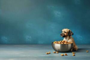 wenig süß Hund Hündchen Sitzung durch ein groß Schüssel von trocken Essen auf ein Blau Hintergrund Kopieren Raum generativ ai Haustiere Pflege foto