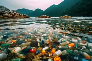 groß Nummer von Plastik Flaschen und andere im Wasser gegen Berge Verschmutzung von Meer oder Ozean mit Plastik Abfall ökologisch Katastrophe generativ ai foto