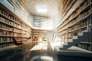 Öffentlichkeit groß Bibliothek mit modern Innere Innen- lesen Bücher und Bildung generativ ai foto