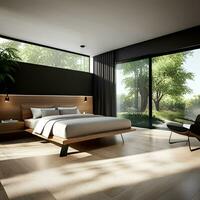 modern Schlafzimmer mit hölzern Bett und Fenster Licht foto