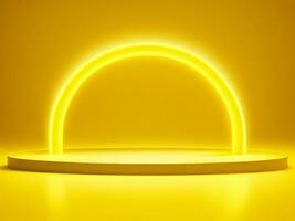 leeren Podium mit Linie Gelb Neon- Ring auf Gelb Hintergrund, Produkt Anzeige foto
