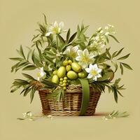 realistisch Licht Olive Korb Design mit Blume generiert durch ai foto