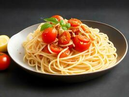 ein Teller von Spaghetti Pasta mit Tomaten auf schwarz Hintergrund foto