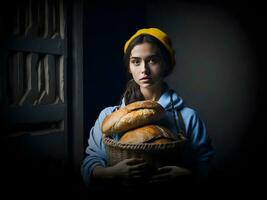 schön jung Frau halten Brot. Ernte Symbol. foto