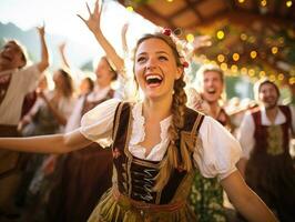 Porträt von glücklich jung Frau im traditionell bayerisch Kostüm Tanzen beim Oktoberfest foto