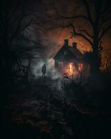 Halloween Grusel Szene mit unheimlich verfolgt Haus im dunkel Wald. Grusel Halloween Konzept. foto