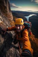 Bergsteiger im Orange Jacke und Helm klettert auf das Felsen. foto